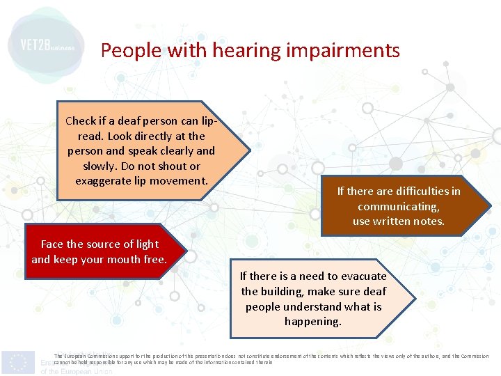 People with hearing impairments Check if a deaf person can lipread. Look directly at