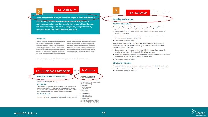 The Statement The Audience Statements www. HQOntario. ca The Indicators Defintions 11 