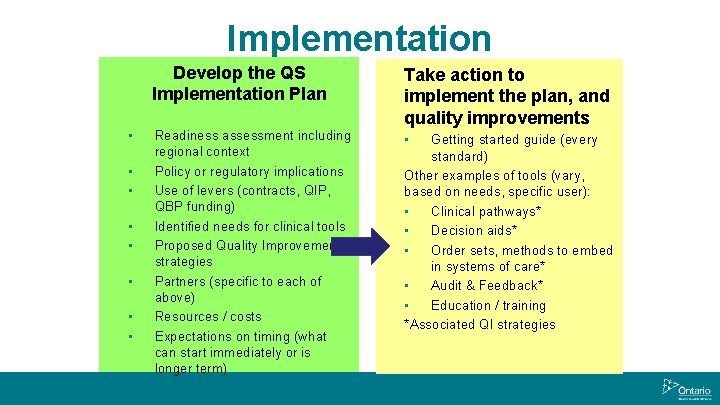 Implementation • • Develop the QS Implementation Plan Take action to implement the plan,