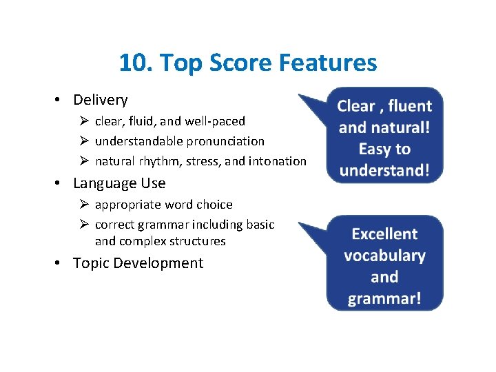 10. Top Score Features • Delivery Ø clear, fluid, and well-paced Ø understandable pronunciation