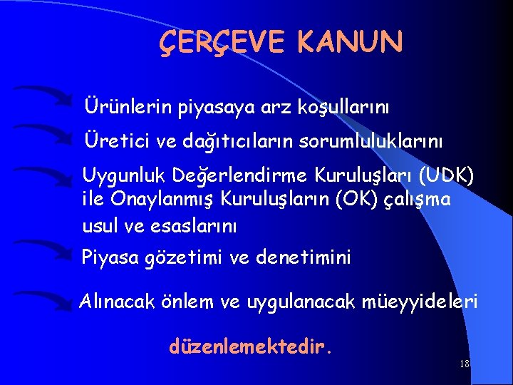 ÇERÇEVE KANUN Ürünlerin piyasaya arz koşullarını Üretici ve dağıtıcıların sorumluluklarını Uygunluk Değerlendirme Kuruluşları (UDK)