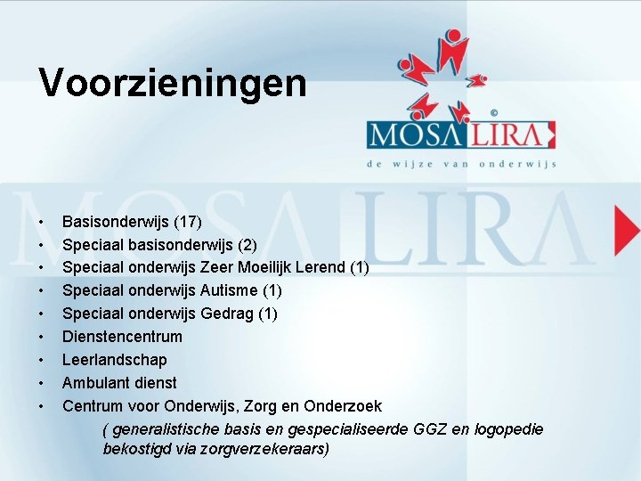 Voorzieningen • • • Basisonderwijs (17) Speciaal basisonderwijs (2) Speciaal onderwijs Zeer Moeilijk Lerend