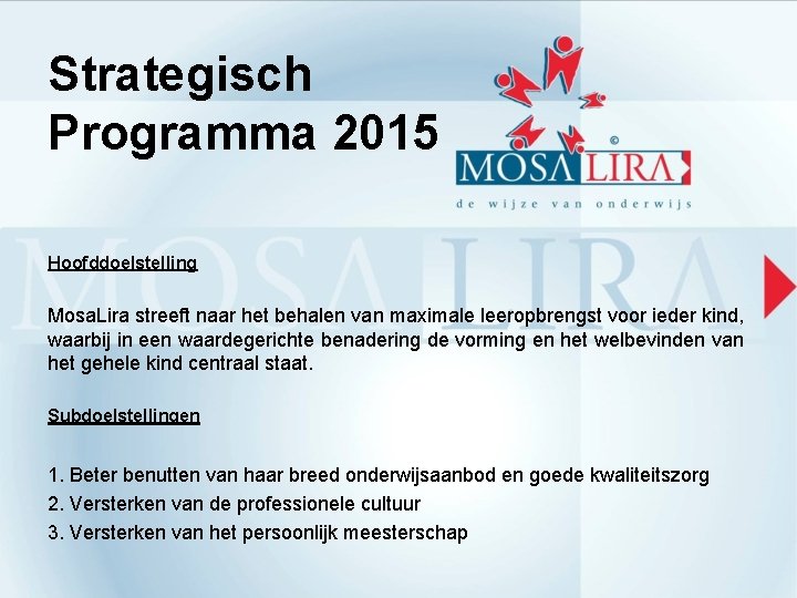 Strategisch Programma 2015 Hoofddoelstelling Mosa. Lira streeft naar het behalen van maximale leeropbrengst voor