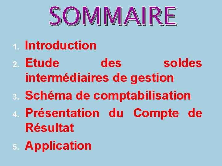 SOMMAIRE 1. 2. 3. 4. 5. Introduction Etude des soldes intermédiaires de gestion Schéma