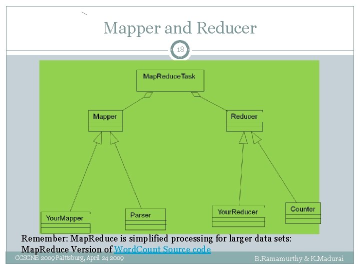 Mapper and Reducer 18 Remember: Map. Reduce is simplified processing for larger data sets: