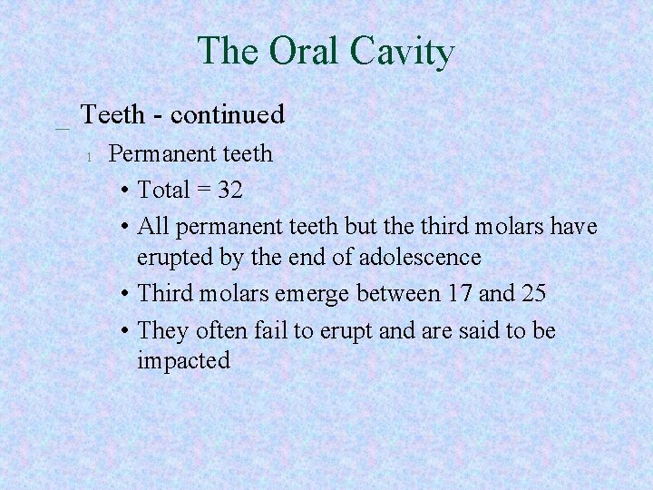 The Oral Cavity _ Teeth - continued l Permanent teeth • Total = 32 The Oral Cavity _ Teeth - continued l Permanent teeth • Total = 32