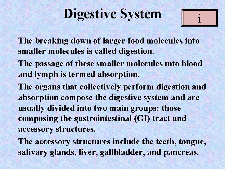Digestive System i _ The breaking down of larger food molecules into smaller molecules Digestive System i _ The breaking down of larger food molecules into smaller molecules