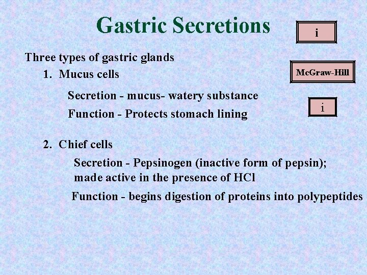 Gastric Secretions Three types of gastric glands 1. Mucus cells Secretion - mucus- watery