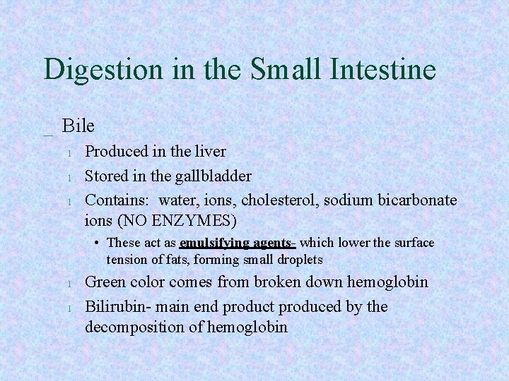Digestion in the Small Intestine _ Bile l l l Produced in the liver Digestion in the Small Intestine _ Bile l l l Produced in the liver
