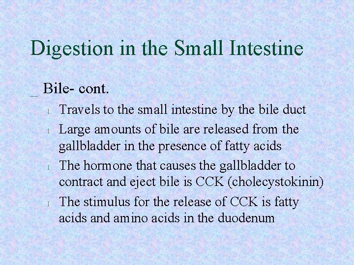 Digestion in the Small Intestine _ Bile- cont. l l Travels to the small Digestion in the Small Intestine _ Bile- cont. l l Travels to the small