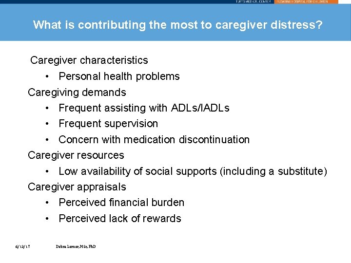 What is contributing the most to caregiver distress? Caregiver characteristics • Personal health problems