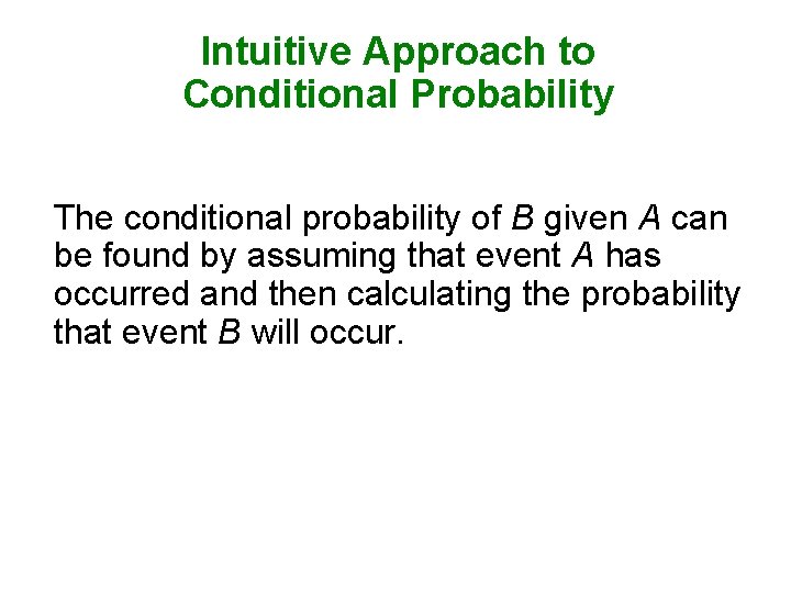 Intuitive Approach to Conditional Probability The conditional probability of B given A can be Intuitive Approach to Conditional Probability The conditional probability of B given A can be