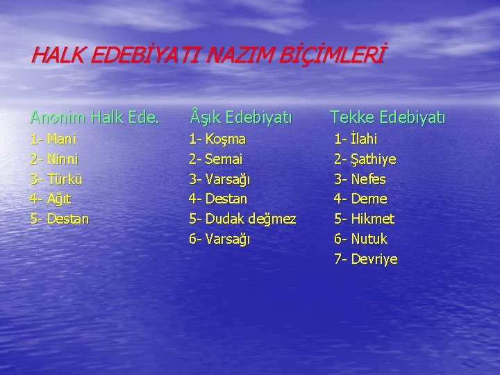 HALK EDEBİYATI NAZIM BİÇİMLERİ Anonim Halk Ede. şık Edebiyatı 1 - Mani 2 -