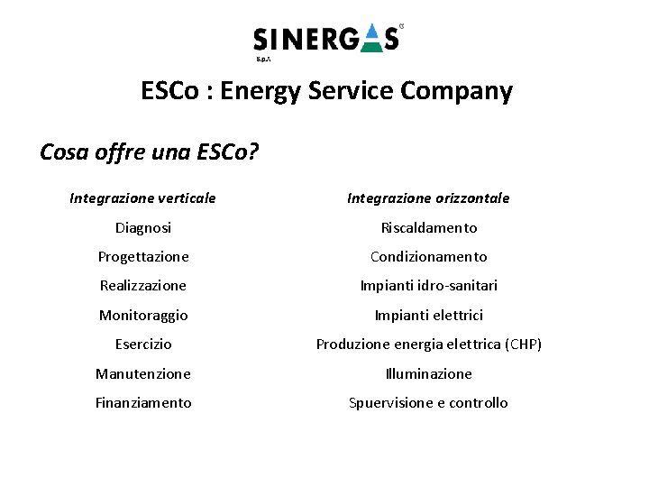 ESCo : Energy Service Company Cosa offre una ESCo? Integrazione verticale Integrazione orizzontale Diagnosi