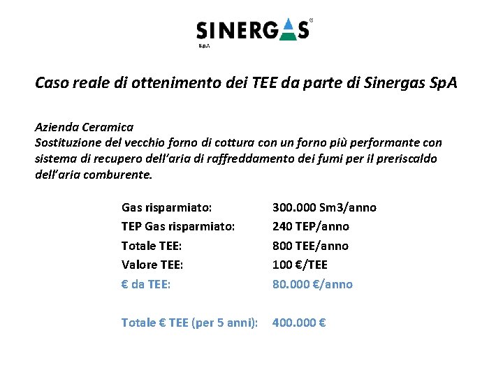 Caso reale di ottenimento dei TEE da parte di Sinergas Sp. A Azienda Ceramica