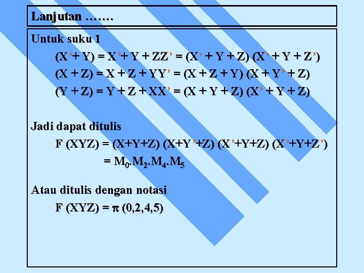 Lanjutan ……. Untuk suku 1 (X’+ Y) = X’+ Y + ZZ’ = (X’
