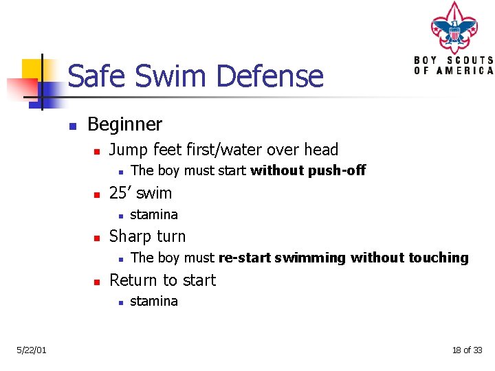 Safe Swim Defense n Beginner n Jump feet first/water over head n n 25’