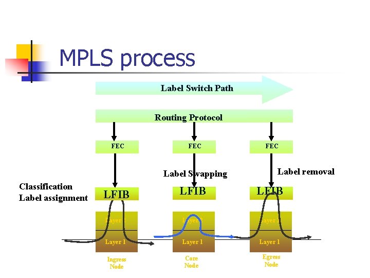 MPLS process Label Switch Path Routing Protocol FEC Label Swapping Classification Label assignment FEC