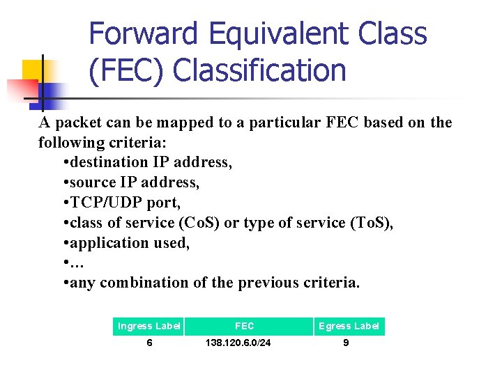 Forward Equivalent Class (FEC) Classification A packet can be mapped to a particular FEC