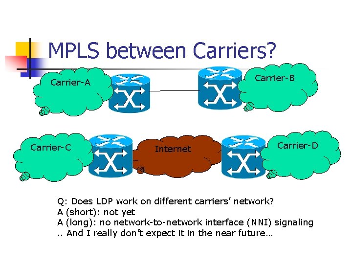 MPLS between Carriers? Carrier-B Carrier-A Carrier-C Internet Carrier-D Q: Does LDP work on different