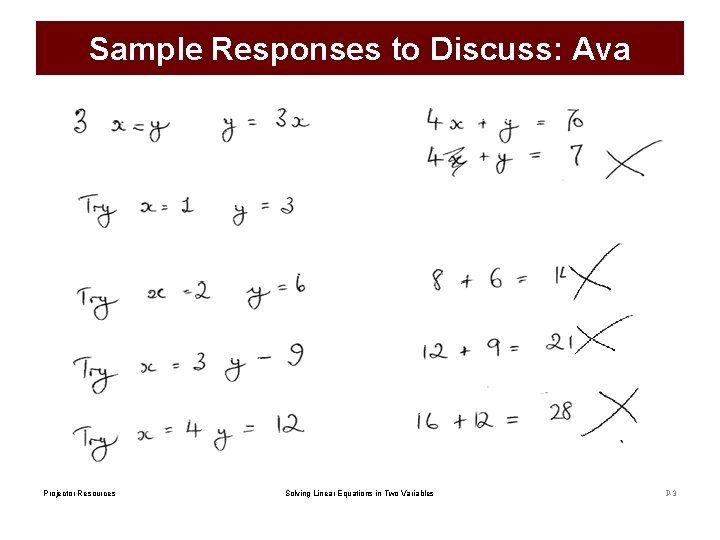 Sample Responses to Discuss: Ava Projector Resources Solving Linear Equations in Two Variables P-3