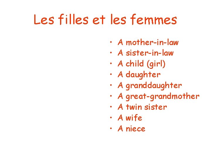 Les filles et les femmes • • • A mother-in-law A sister-in-law A child