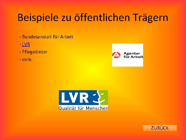 Beispiele zu öffentlichen Trägern - Bundesanstalt für Arbeit - LVR - Pflegeämter - uvm.