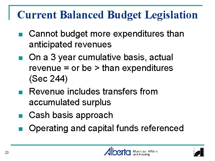 Current Balanced Budget Legislation n n 23 Cannot budget more expenditures than anticipated revenues