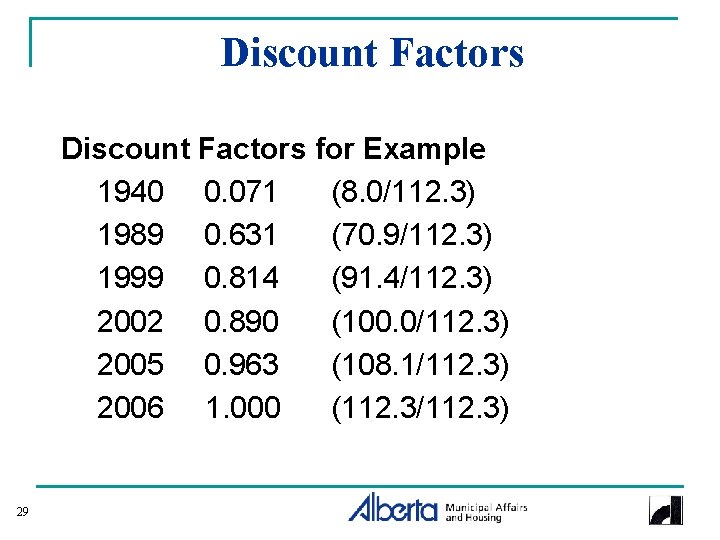 Discount Factors for Example 1940 0. 071 (8. 0/112. 3) 1989 0. 631 (70.
