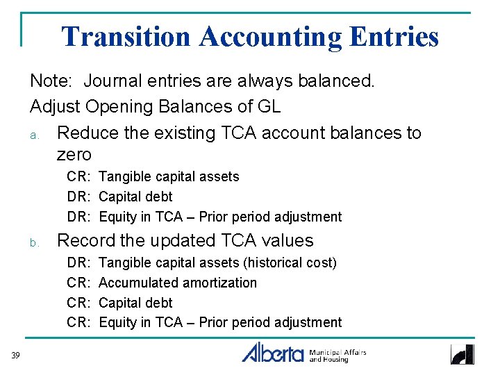 Transition Accounting Entries Note: Journal entries are always balanced. Adjust Opening Balances of GL