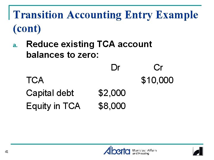 Transition Accounting Entry Example (cont) a. 41 Reduce existing TCA account balances to zero: