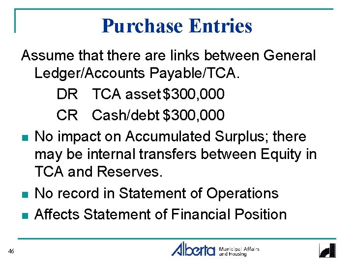 Purchase Entries Assume that there are links between General Ledger/Accounts Payable/TCA. DR TCA asset