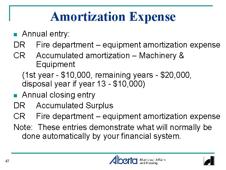 Amortization Expense Annual entry: DR Fire department – equipment amortization expense CR Accumulated amortization