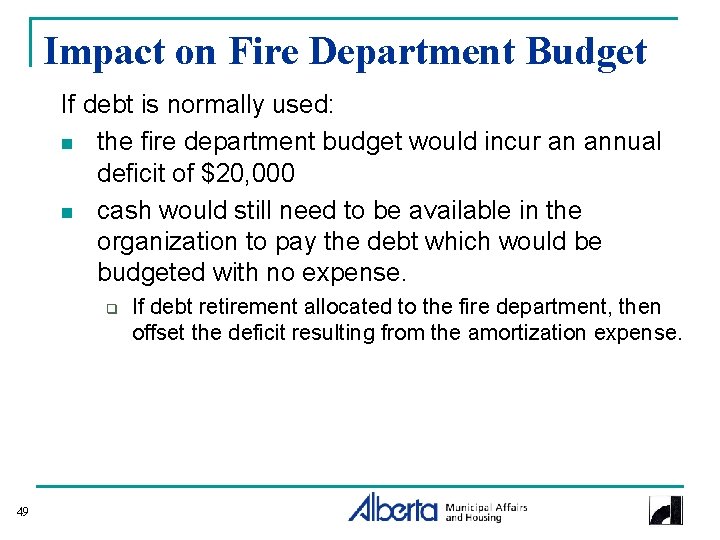 Impact on Fire Department Budget If debt is normally used: n the fire department