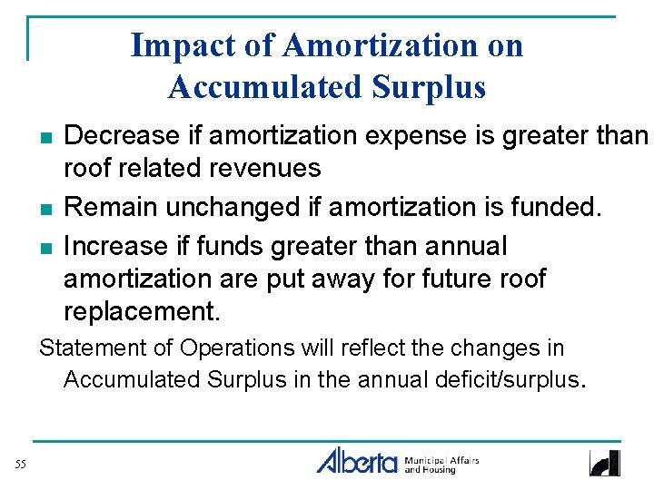 Impact of Amortization on Accumulated Surplus n n n Decrease if amortization expense is