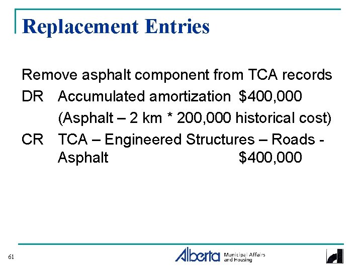 Replacement Entries Remove asphalt component from TCA records DR Accumulated amortization $400, 000 (Asphalt