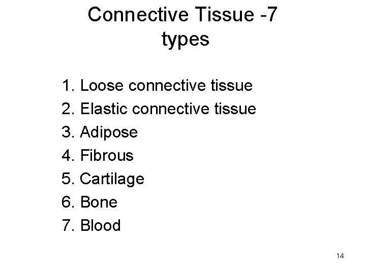 Connective Tissue -7 types 1. Loose connective tissue 2. Elastic connective tissue 3. Adipose