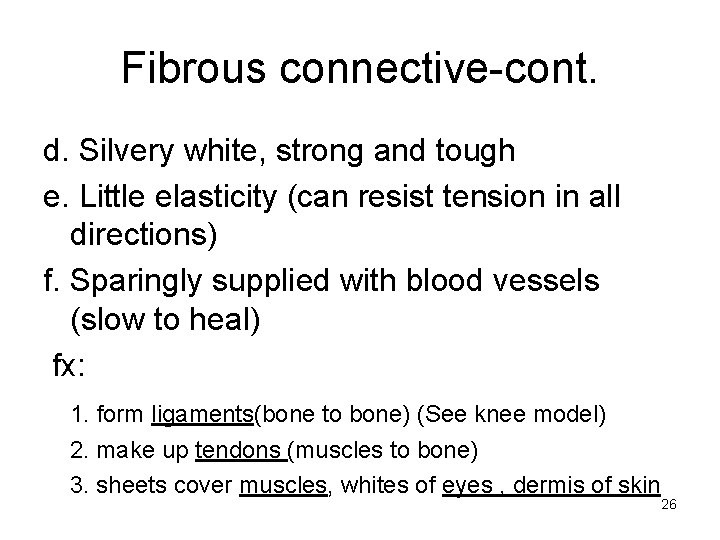 Fibrous connective-cont. d. Silvery white, strong and tough e. Little elasticity (can resist tension