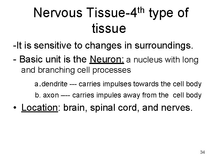 Nervous th Tissue-4 type of tissue -It is sensitive to changes in surroundings. -