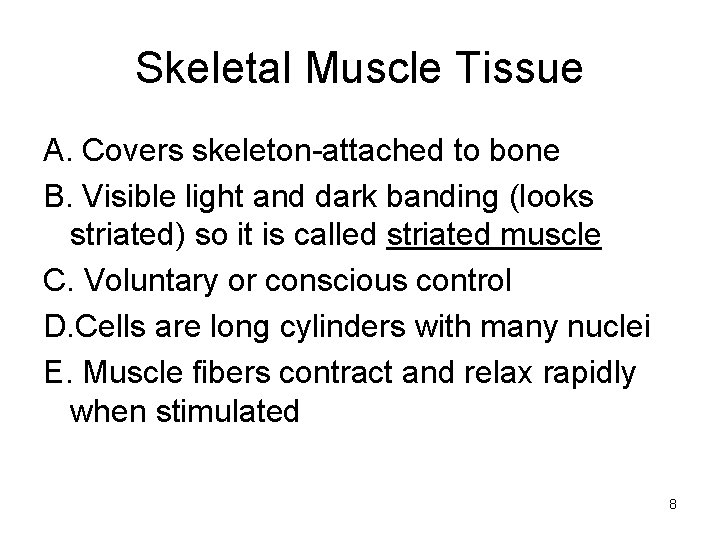 Skeletal Muscle Tissue A. Covers skeleton-attached to bone B. Visible light and dark banding
