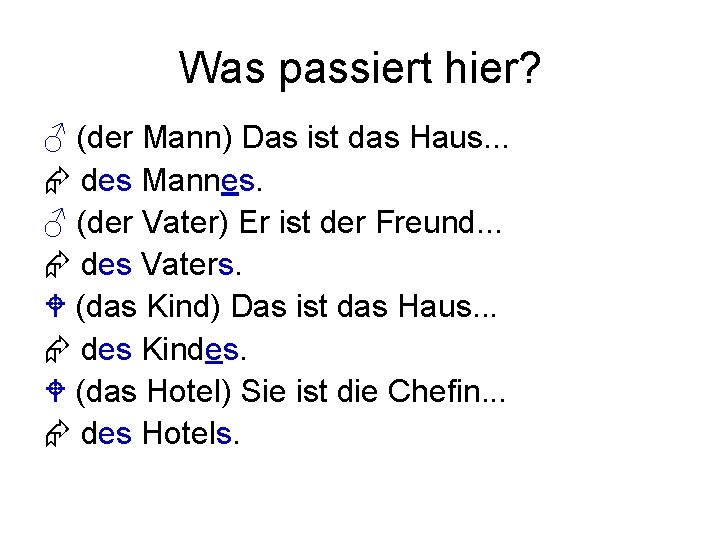 Was passiert hier? ♂ (der Mann) Das ist das Haus. . . des Mannes.