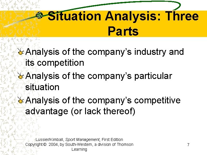 Situation Analysis: Three Parts Analysis of the company’s industry and its competition Analysis of