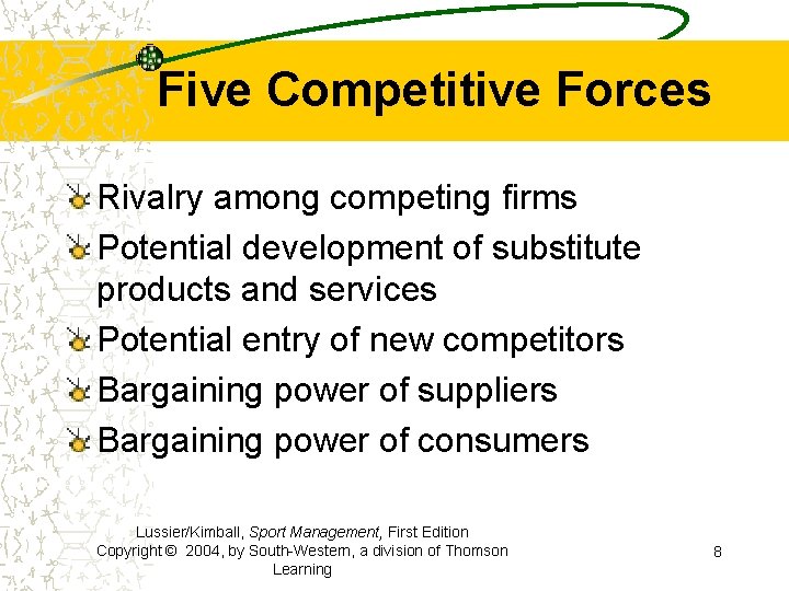 Five Competitive Forces Rivalry among competing firms Potential development of substitute products and services