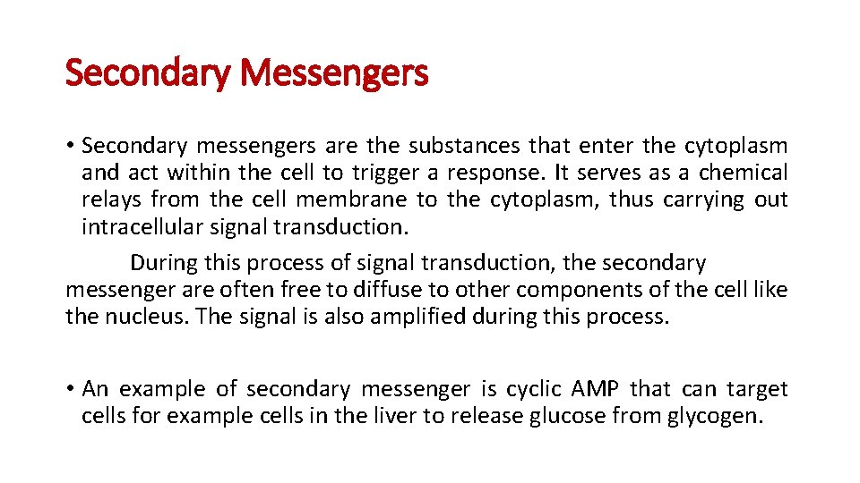 Secondary Messengers • Secondary messengers are the substances that enter the cytoplasm and act