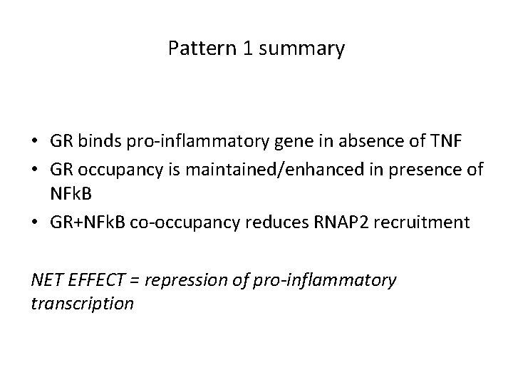 Pattern 1 summary • GR binds pro-inflammatory gene in absence of TNF • GR