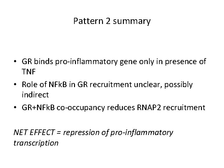 Pattern 2 summary • GR binds pro-inflammatory gene only in presence of TNF •