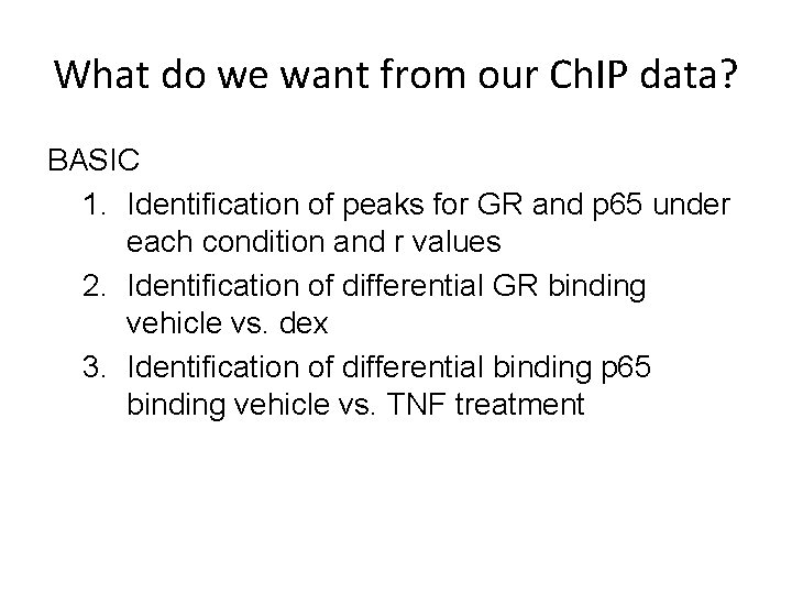 What do we want from our Ch. IP data? BASIC 1. Identification of peaks