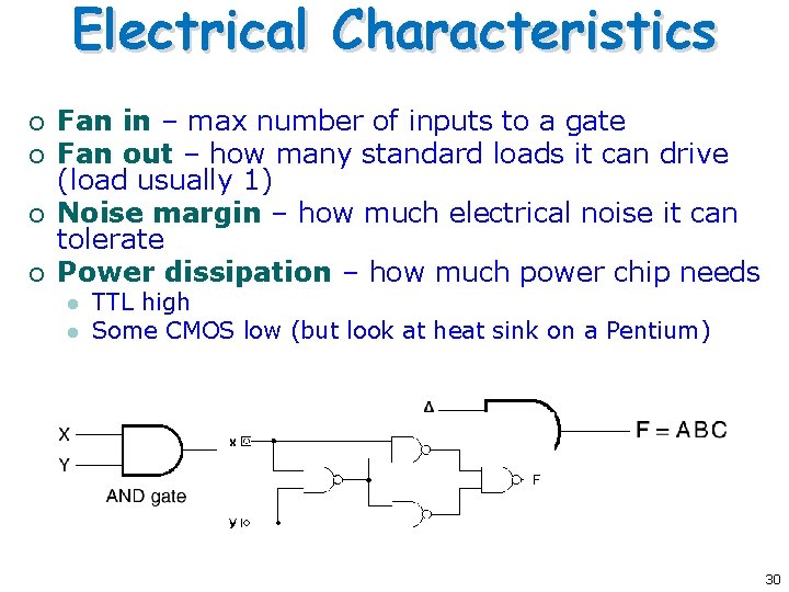 Electrical Characteristics ¡ ¡ Fan in – max number of inputs to a gate