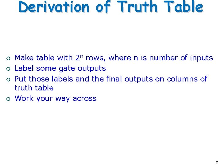 Derivation of Truth Table ¡ ¡ Make table with 2 n rows, where n