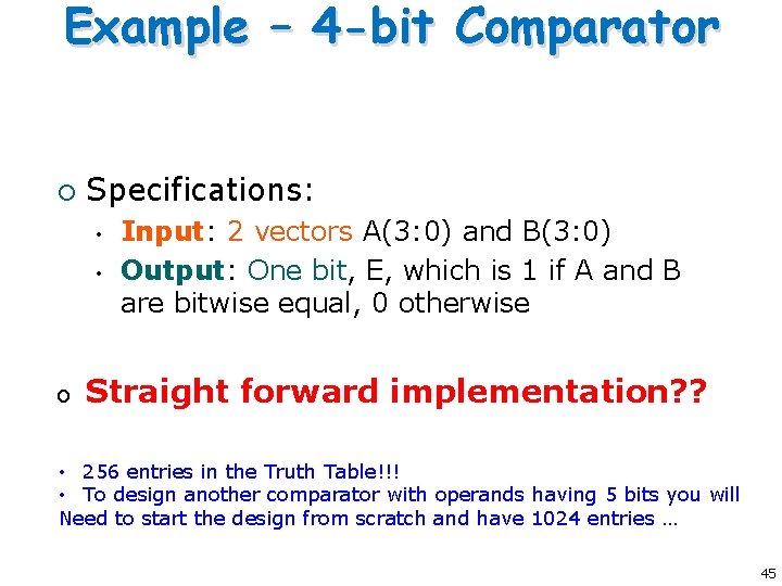 Example – 4 -bit Comparator ¡ Specifications: • • o Input: 2 vectors A(3: